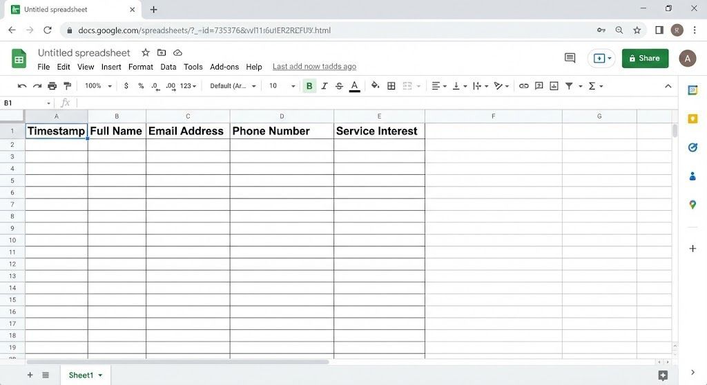 Screenshot of a new Google Sheet with columns labeled 