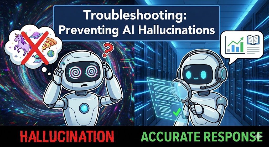 Illustration: Two robot figures. Left: Hallucinating robot with confused expression. Right: Accurate response robot with green check.