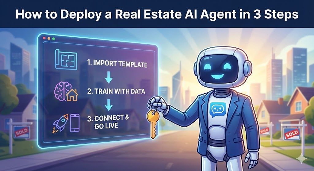Illustration of a robot agent holding a key, with a screen showing 3 steps to deploy AI in real estate.