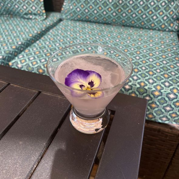 A martini with a purple flower in it on a table