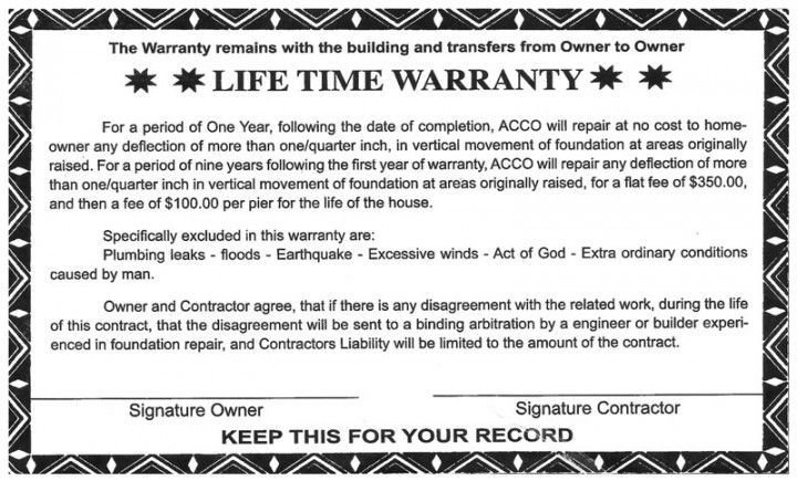 lifetime warranty at ACCO Foundation Repair