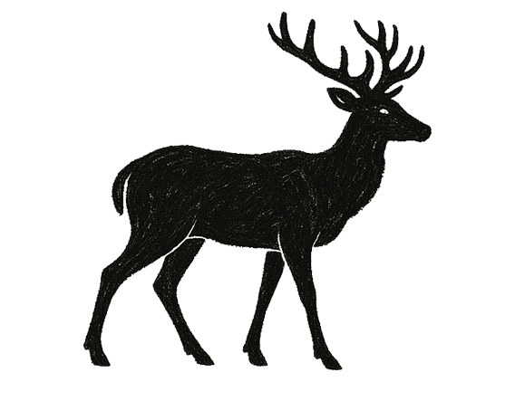 Schwarze Silhouette eines Hirsches mit großem Geweih vor weißem Hintergrund.