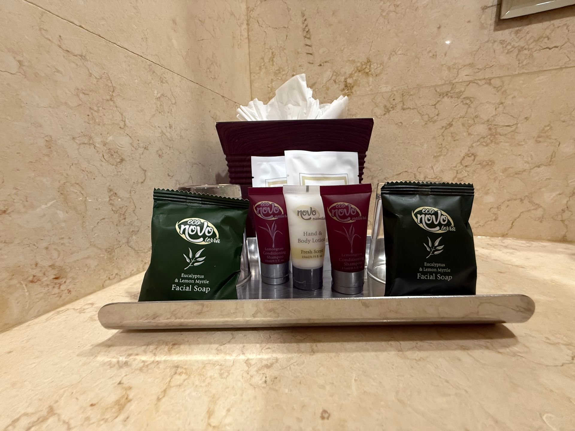 Toiletries on a shelf in a bathroom: soap, shampoo, conditioner, lotion, and tissues.