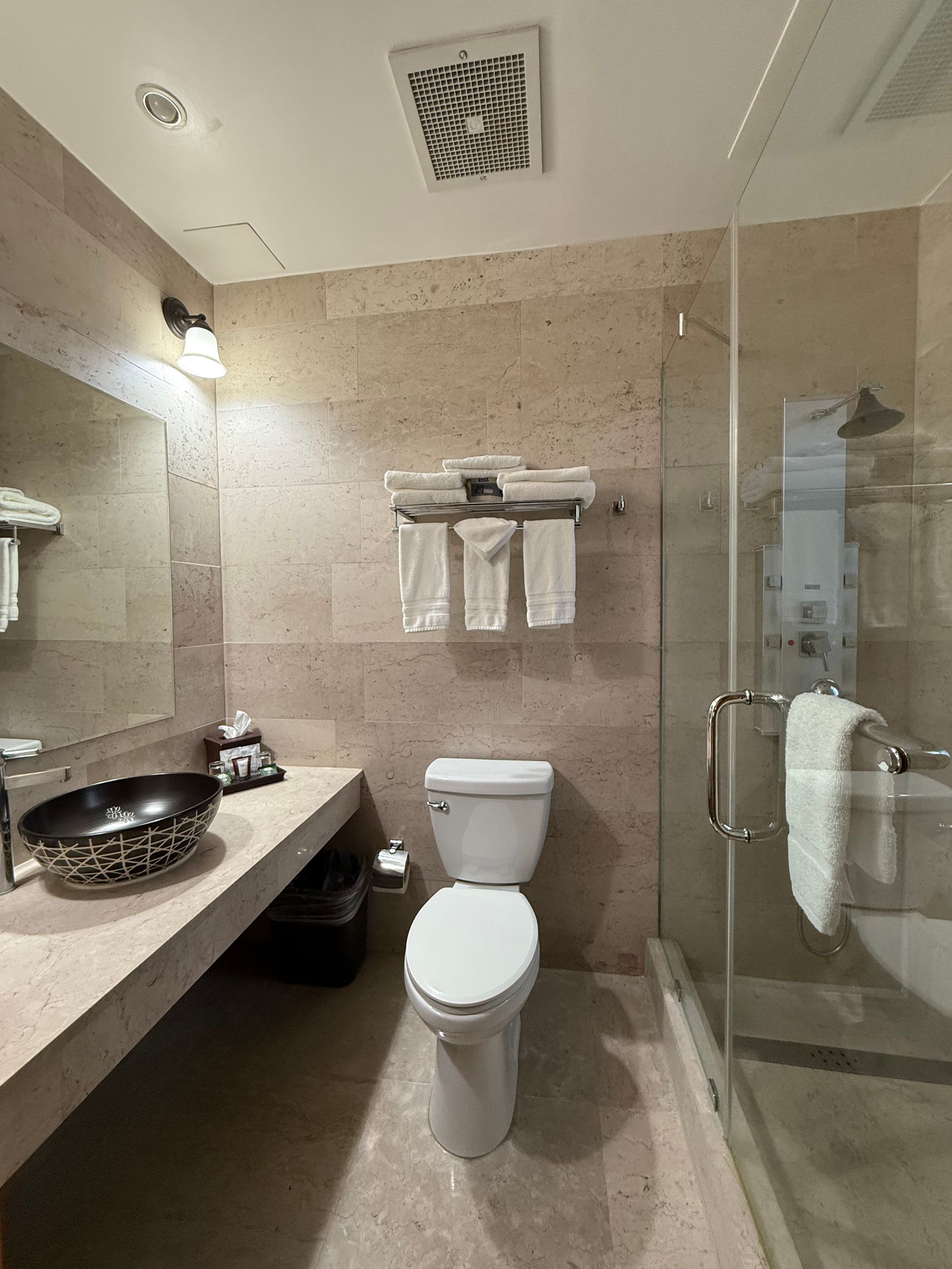 Bathroom with shower, toilet, and sink; neutral-toned tile walls and concrete counter.