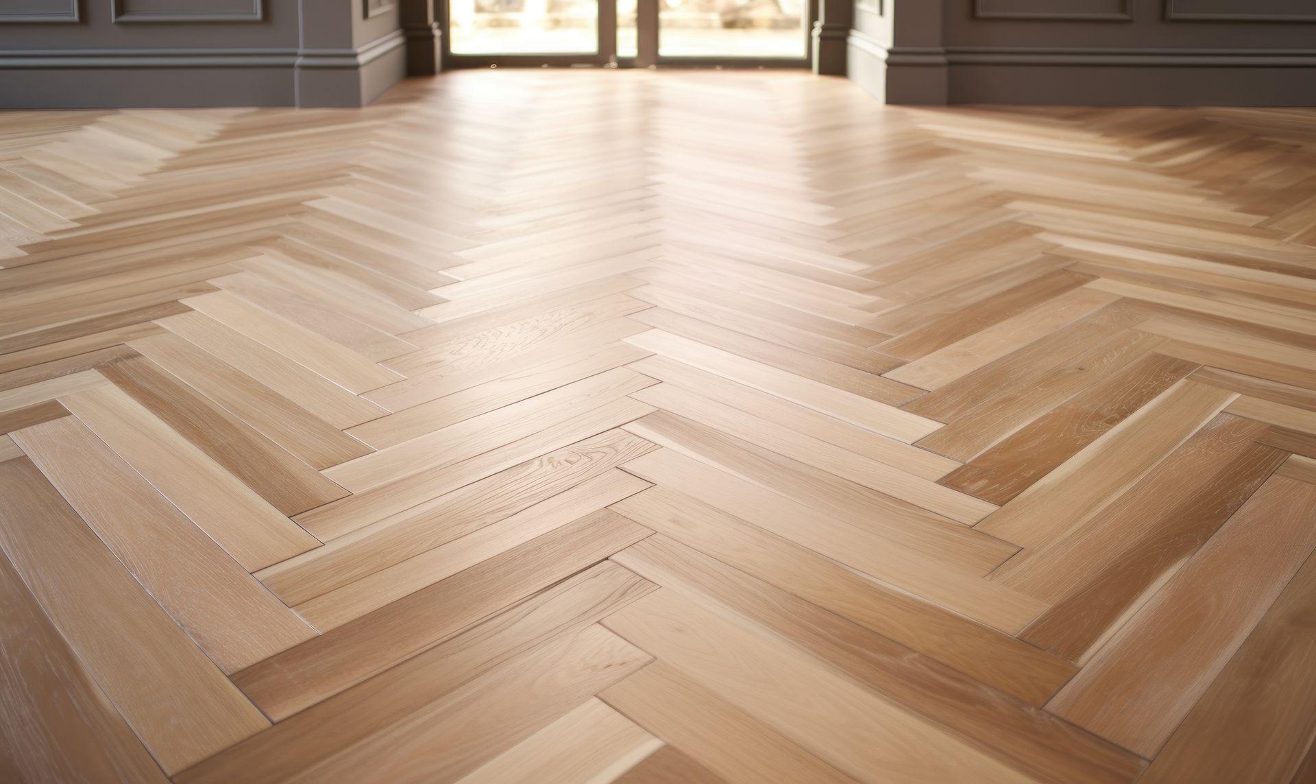 A close up of a wooden floor with a herringbone pattern in an empty room.