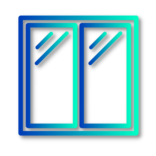A blue and green sliding glass door icon on a white background.