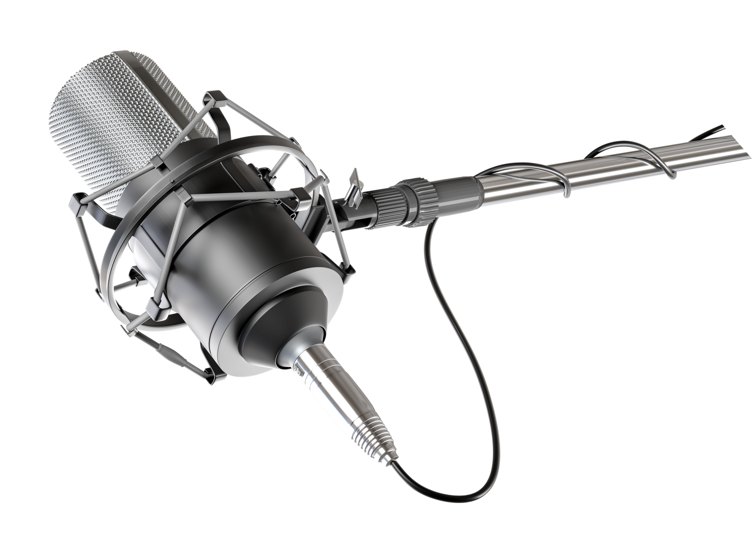 Micrófono de estudio con suspensión elástica, montado sobre un brazo articulado. Negro y plateado.
