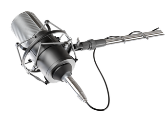 Micrófono de estudio con suspensión elástica, montado sobre un brazo articulado. Negro y plateado.