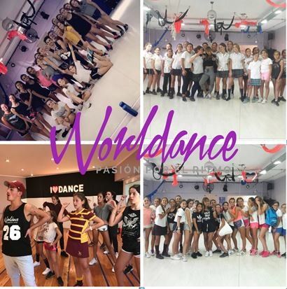 Cuatro fotos grupales de personas en un estudio de danza: algunas posando, otras practicando. Texto superpuesto: 