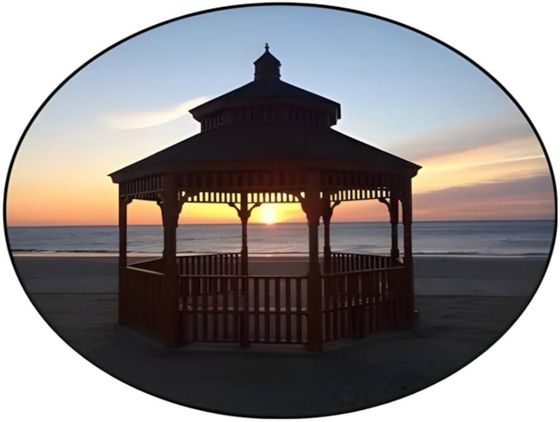 A beach pavilion at sunrise