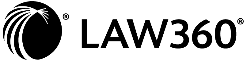 A black and white logo for law360 with a circle in the middle.