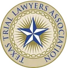 The logo for the texas trial lawyers association is a blue star in a circle with chains around it.
