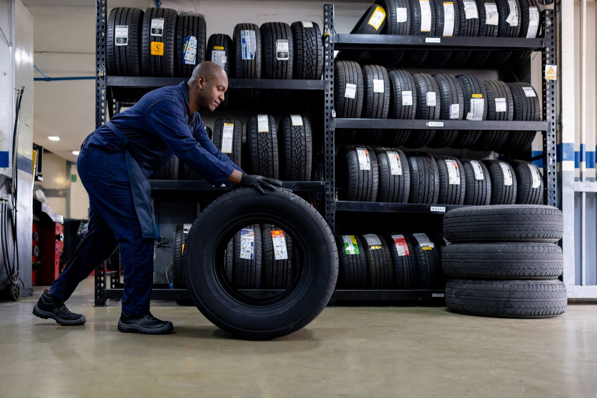Mechanic rolling a tire in a tire shop with shelves of tires in the background.