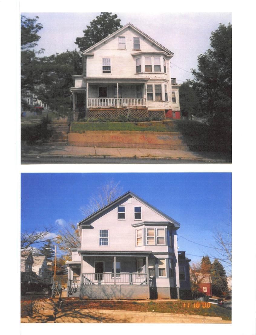 Two-story house on a small hill, before and after renovation. Top: white with porch. Bottom: grey.