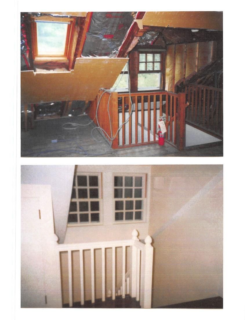 Top: Attic with window, skylight, and railing. Bottom: Stairwell with two windows and railing.