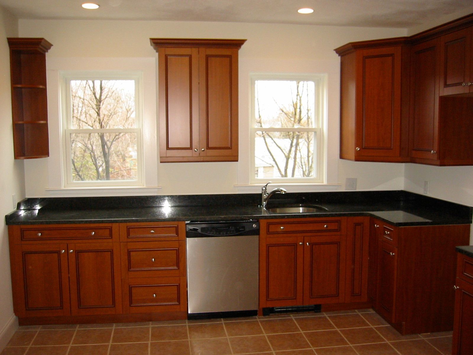 Kitchen with dark wood cabinets, black countertop, stainless steel appliances, and two windows.
