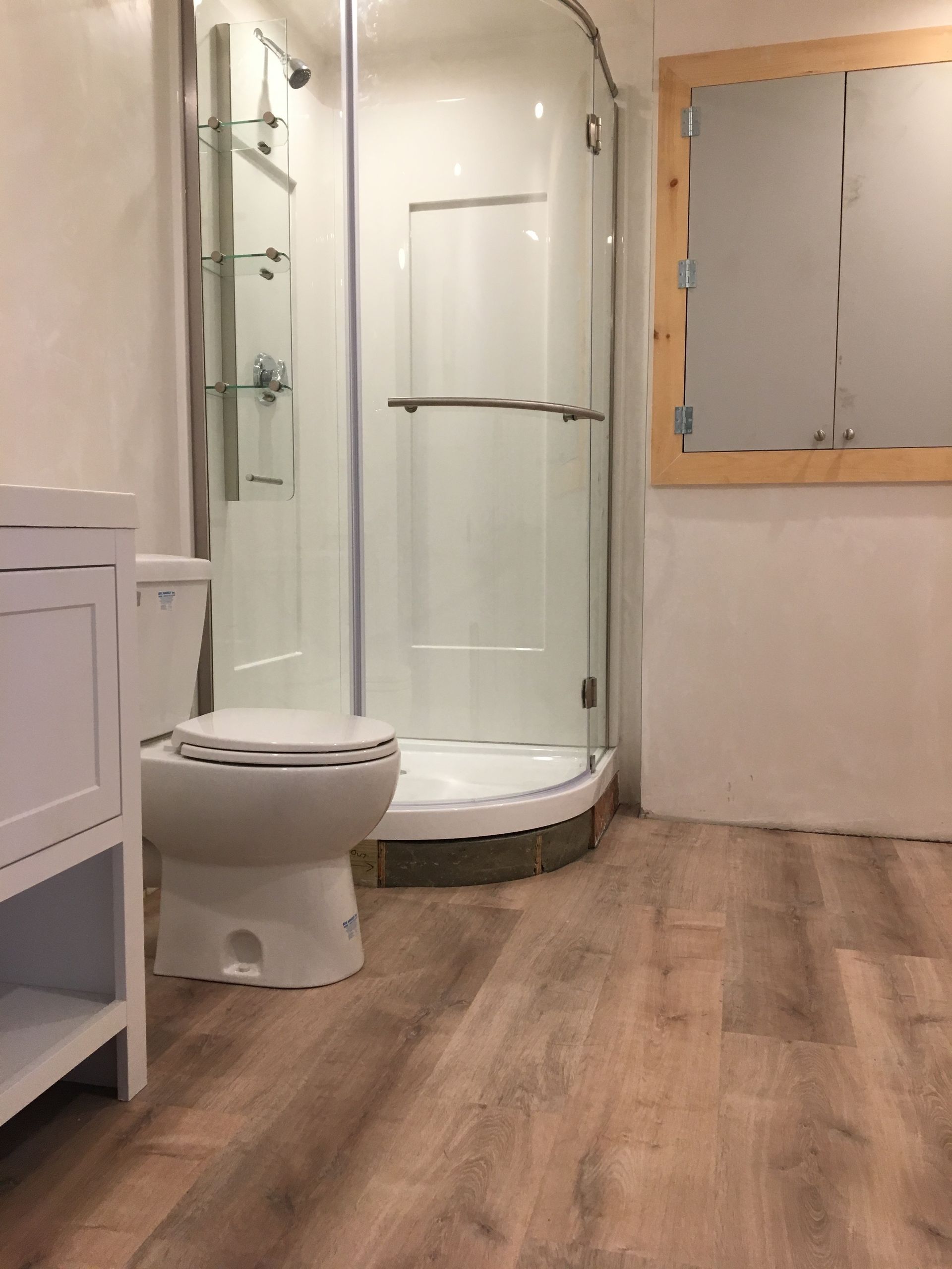 Bathroom with a toilet, shower, vanity, and wood-look flooring.