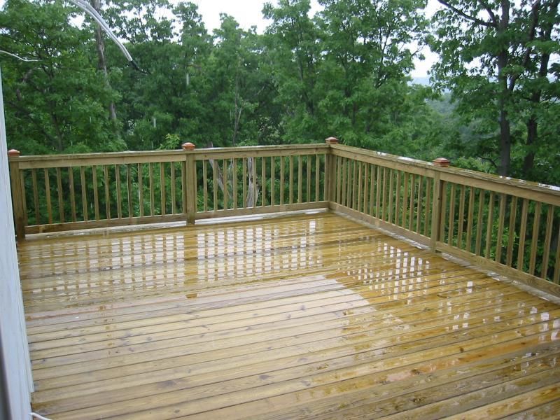 Wooden deck outdoors with wet boards, railings, and a forest backdrop.