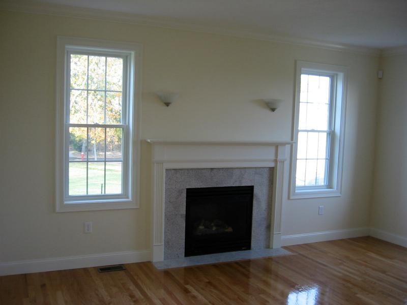Living room with fireplace, two windows, light walls, and hardwood floors.
