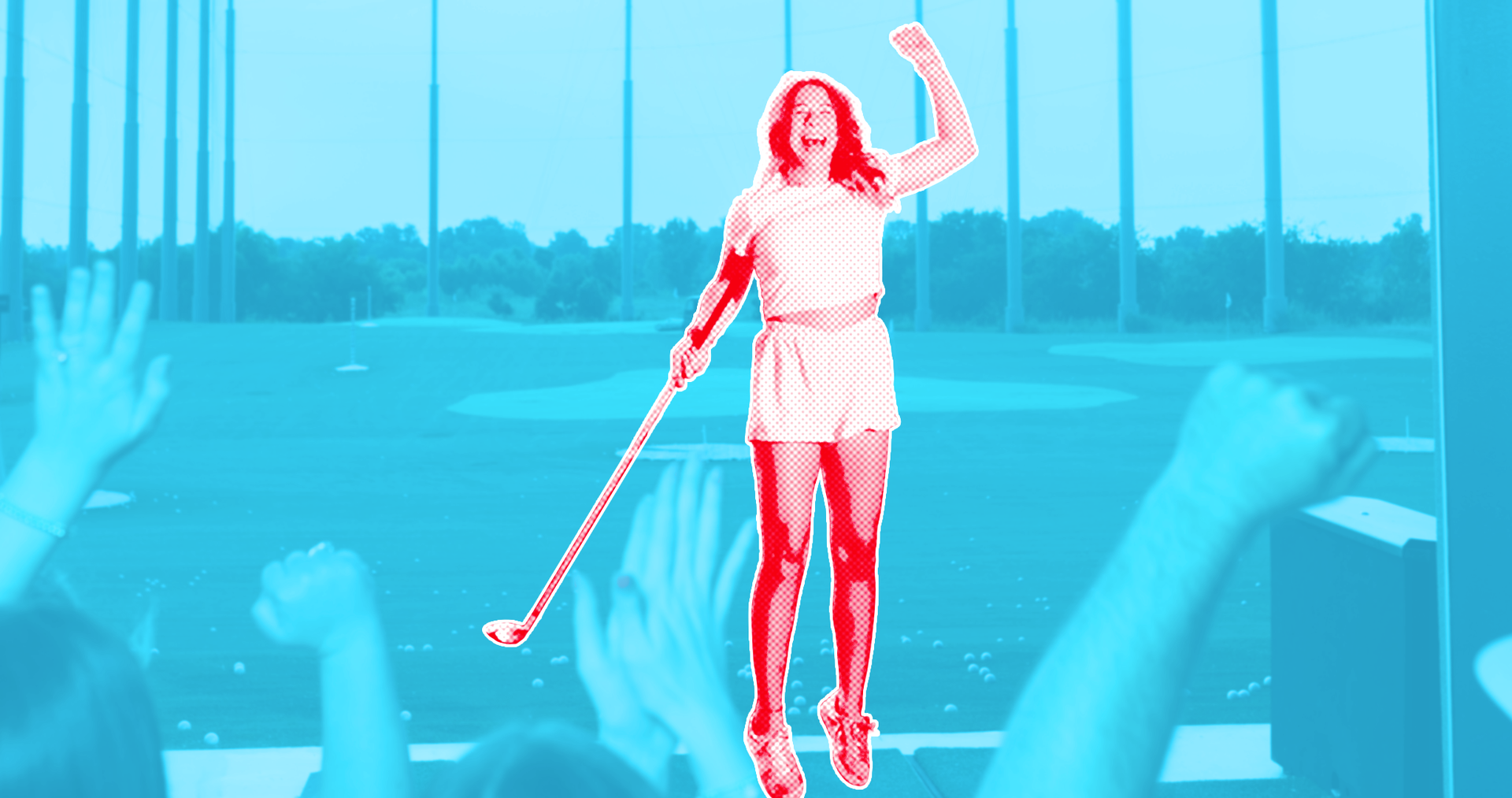 A group of people are watching a man swing a golf club