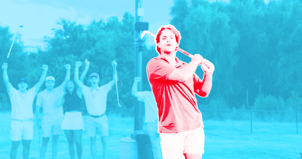 A man is playing a video game on a baseball field.