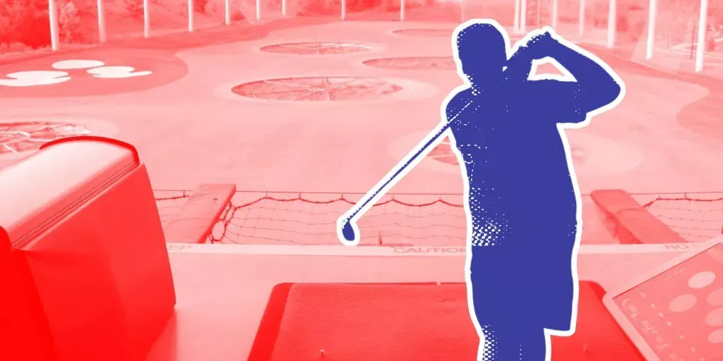 A silhouette of a man swinging a golf club on a golf course.