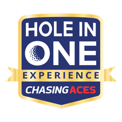 Logo for Hole in One Experience by Chasing Aces, blue and gold shield with text and golf ball icon.
