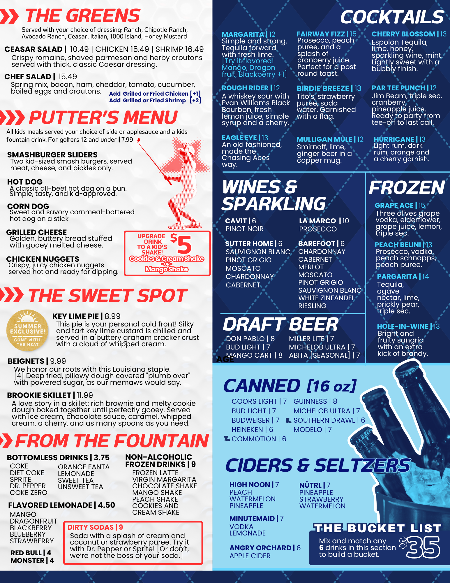 Menu with food and drinks, organized by category, with a baseball player graphic.