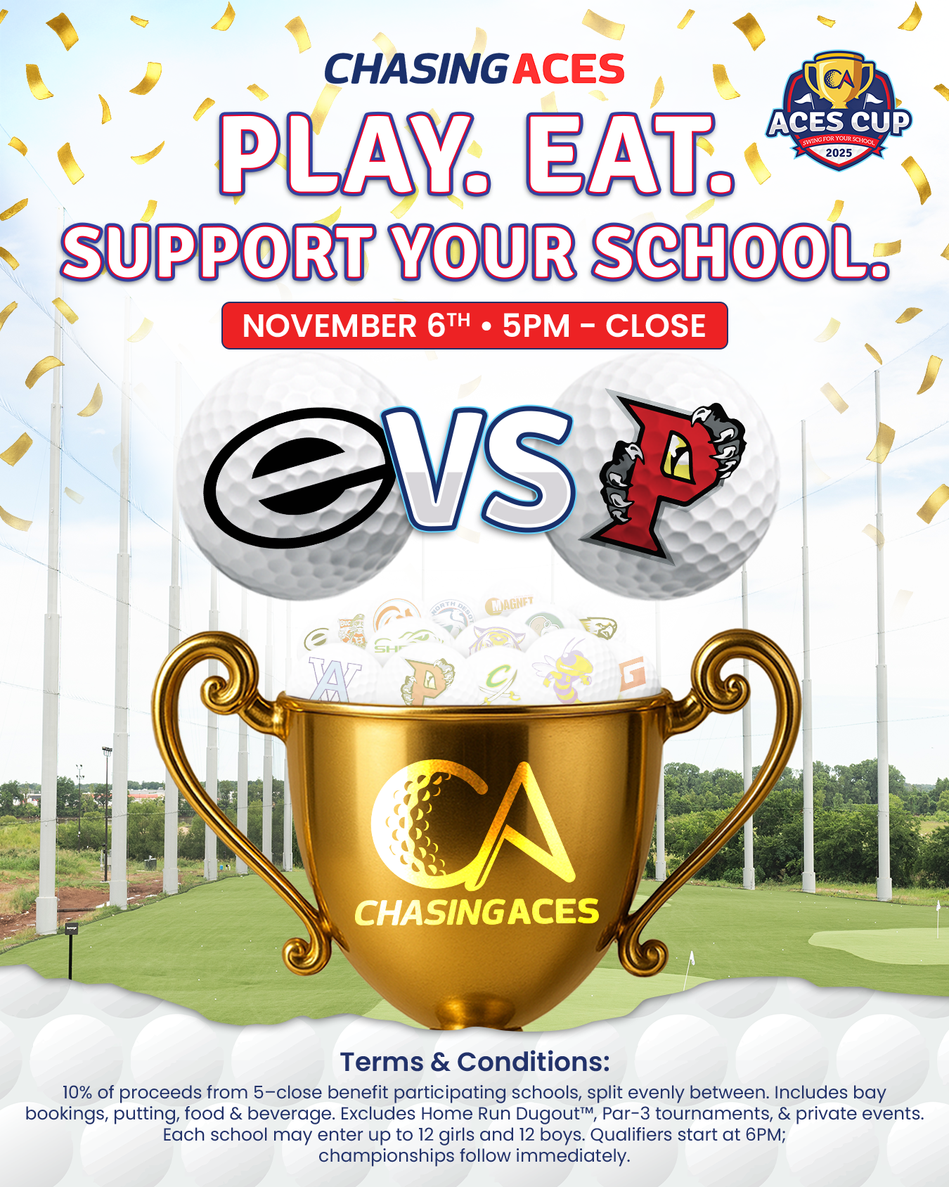 Flyer for Chasing Aces event, featuring golf balls of 