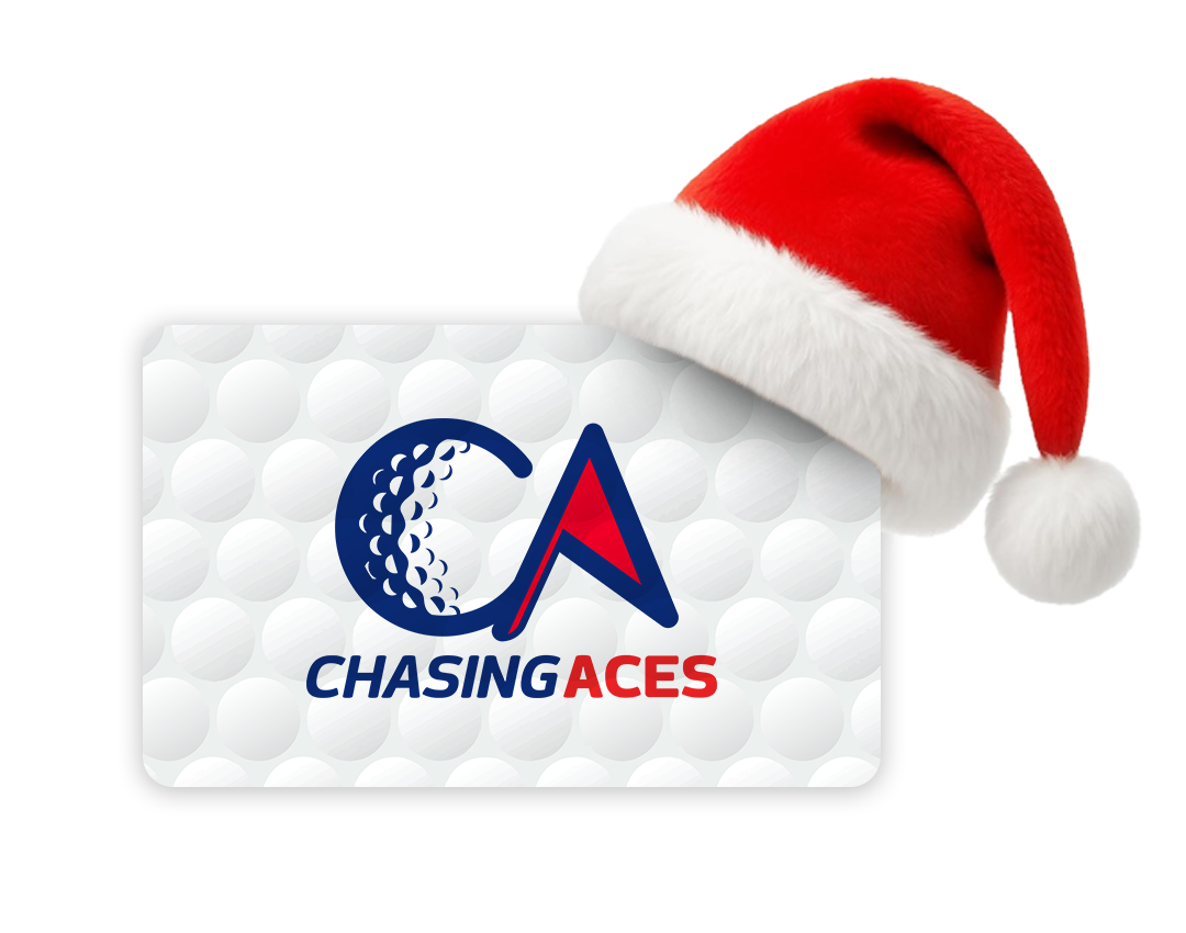 Gift card with golf ball texture and logo, topped with Santa hat.