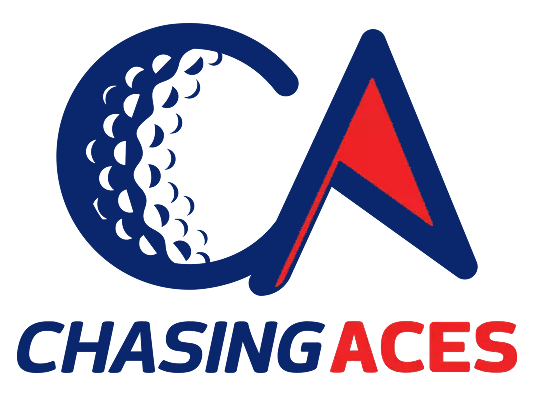 Logo of "Chasing Aces" with stylized "CA" and red flag.