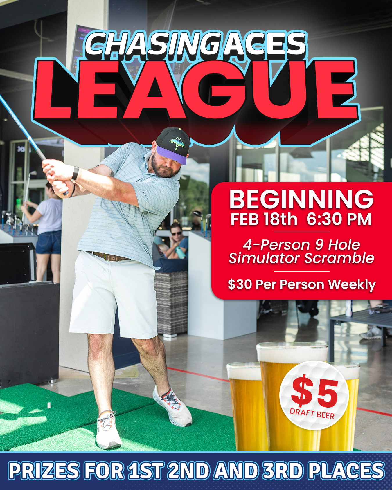 Poster for a Monday night long drive contest at Chasing Aces, featuring golf ball, prizes, and sign-up instructions.