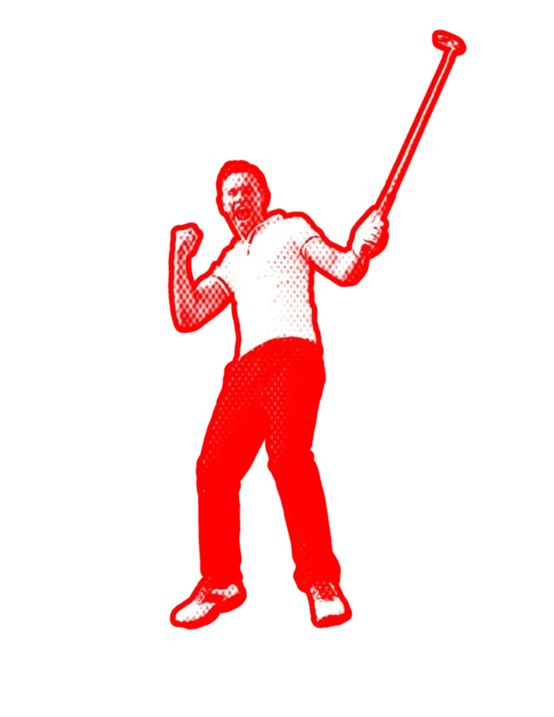 A red and white drawing of a man holding a cane