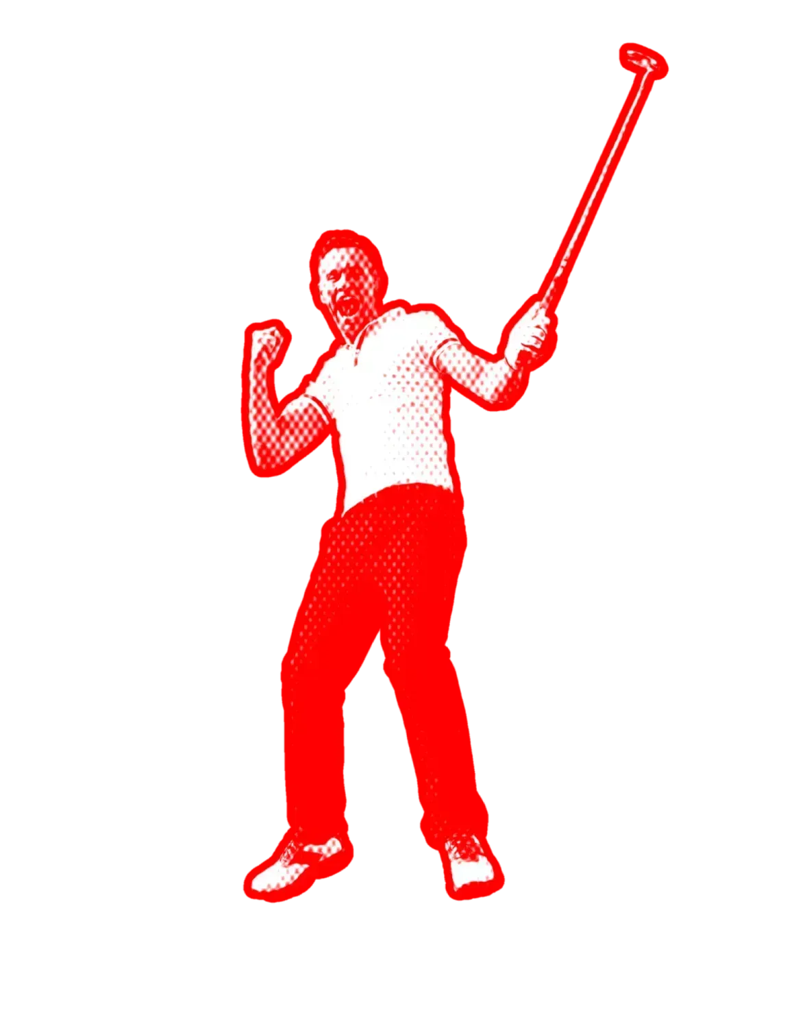 A red and white drawing of a man holding a cane
