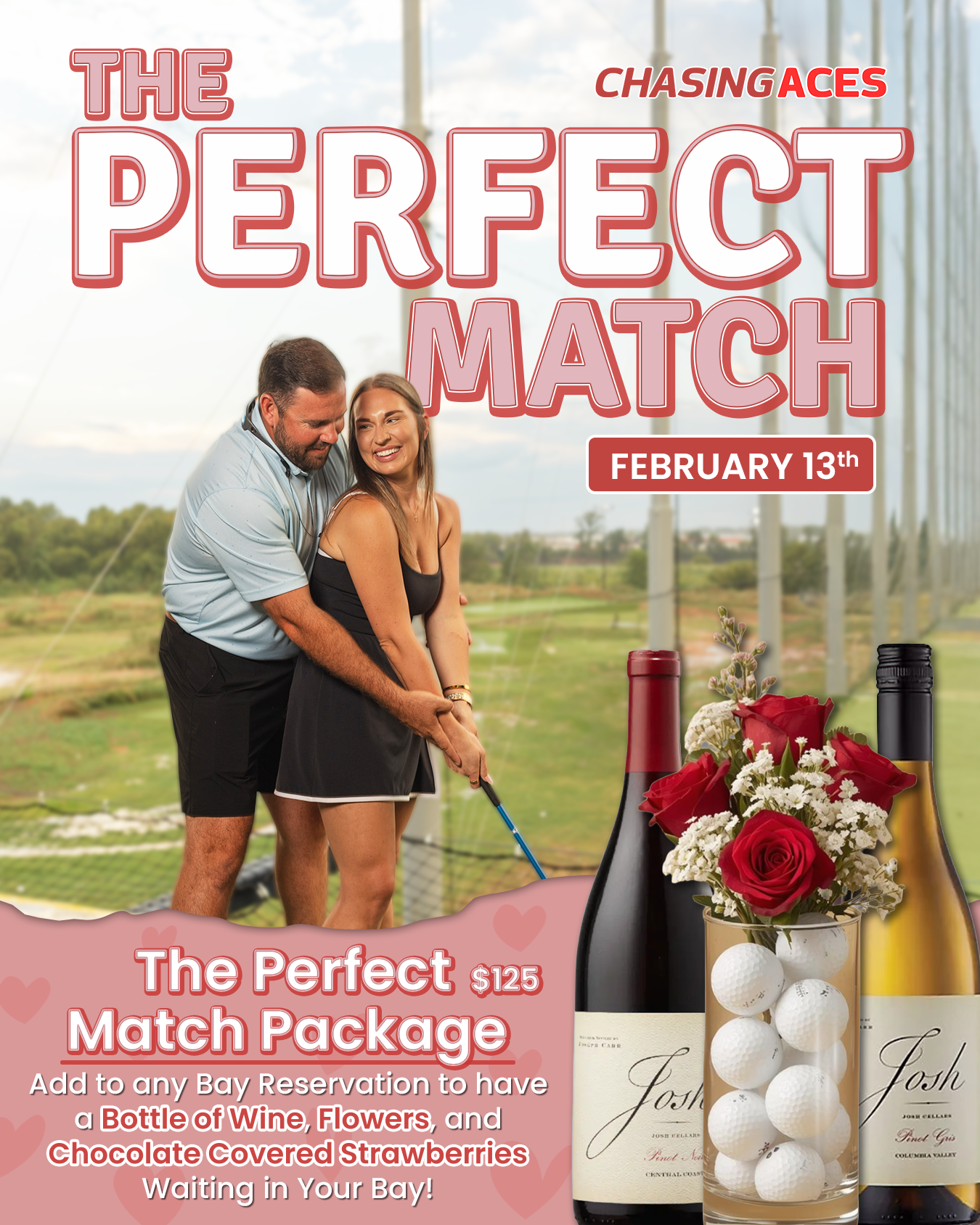 Poster for a Monday night long drive contest at Chasing Aces, featuring golf ball, prizes, and sign-up instructions.