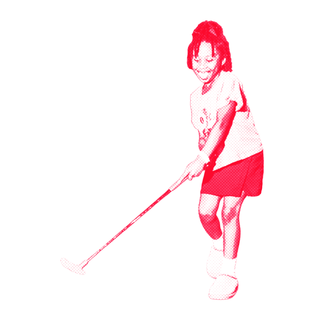 A red and white drawing of a woman holding a golf club.