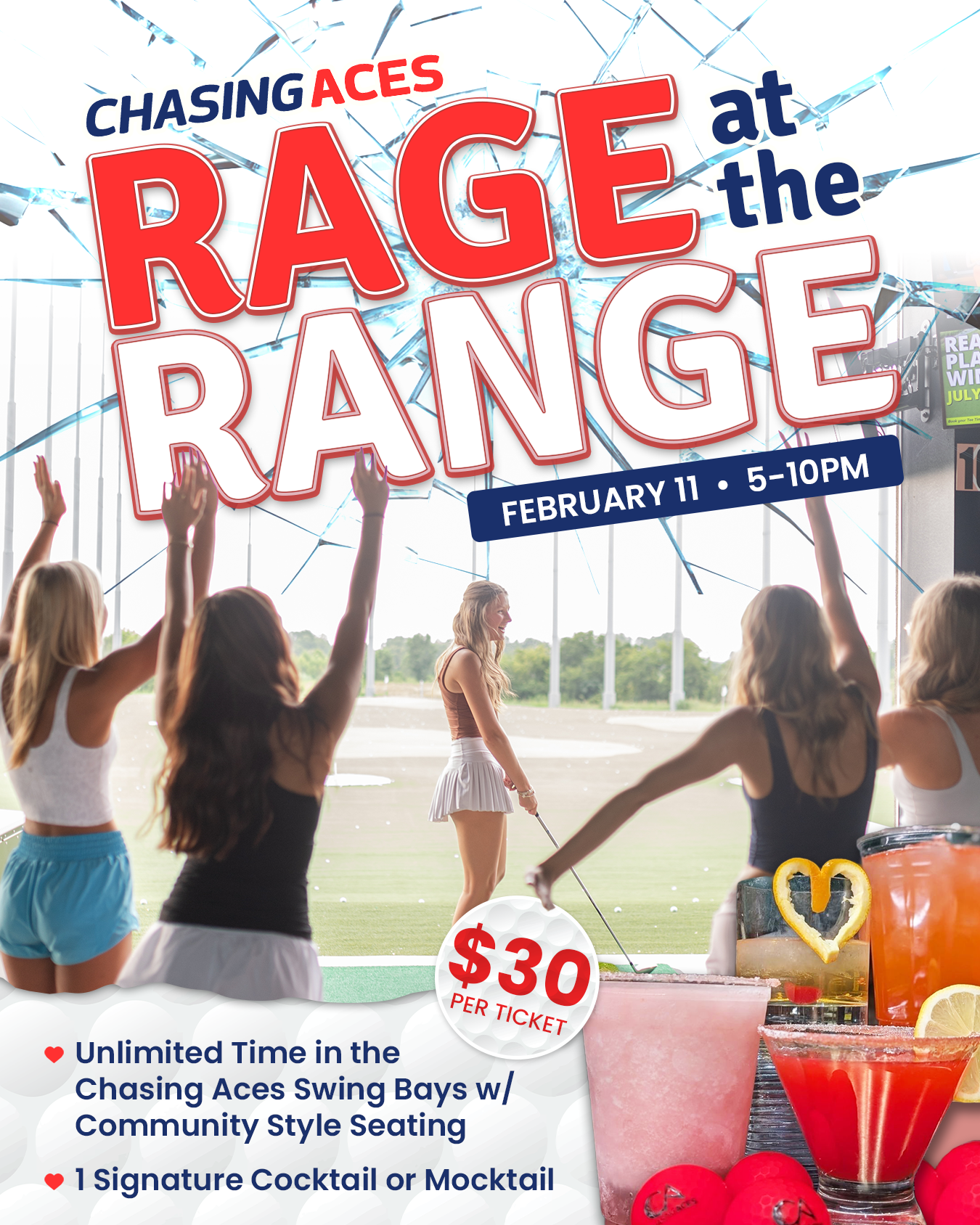 Poster for a Monday night long drive contest at Chasing Aces, featuring golf ball, prizes, and sign-up instructions.