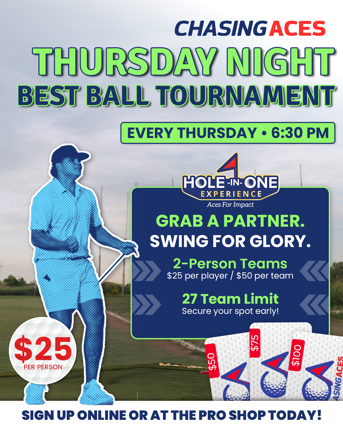 Chasing Aces golf tournament ad. Thursday night best ball. Man swinging club, text over graphic: 