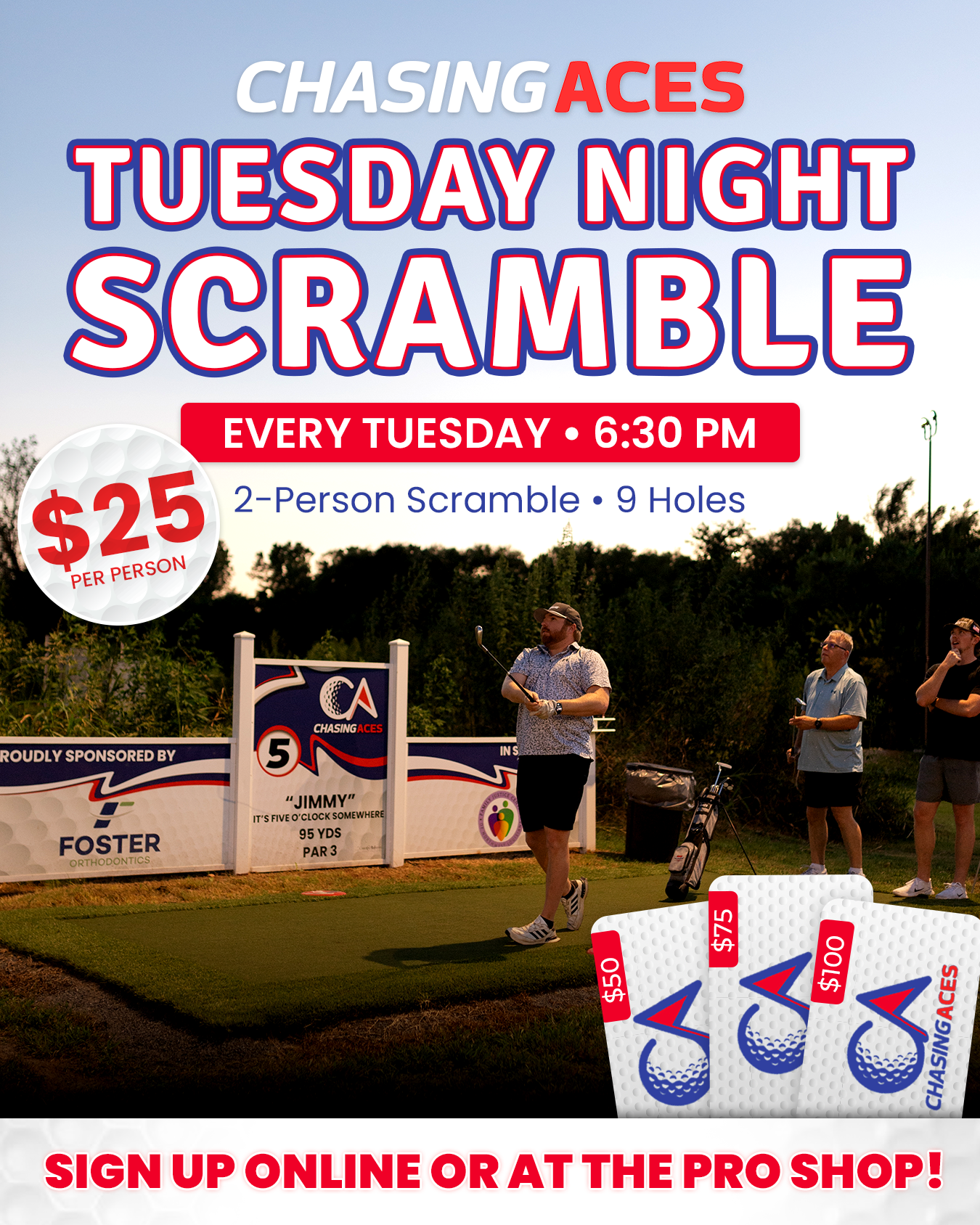 Advertisement for a Tuesday night golf scramble at Chasing Aces, featuring two golfers and a price of $25 per person.