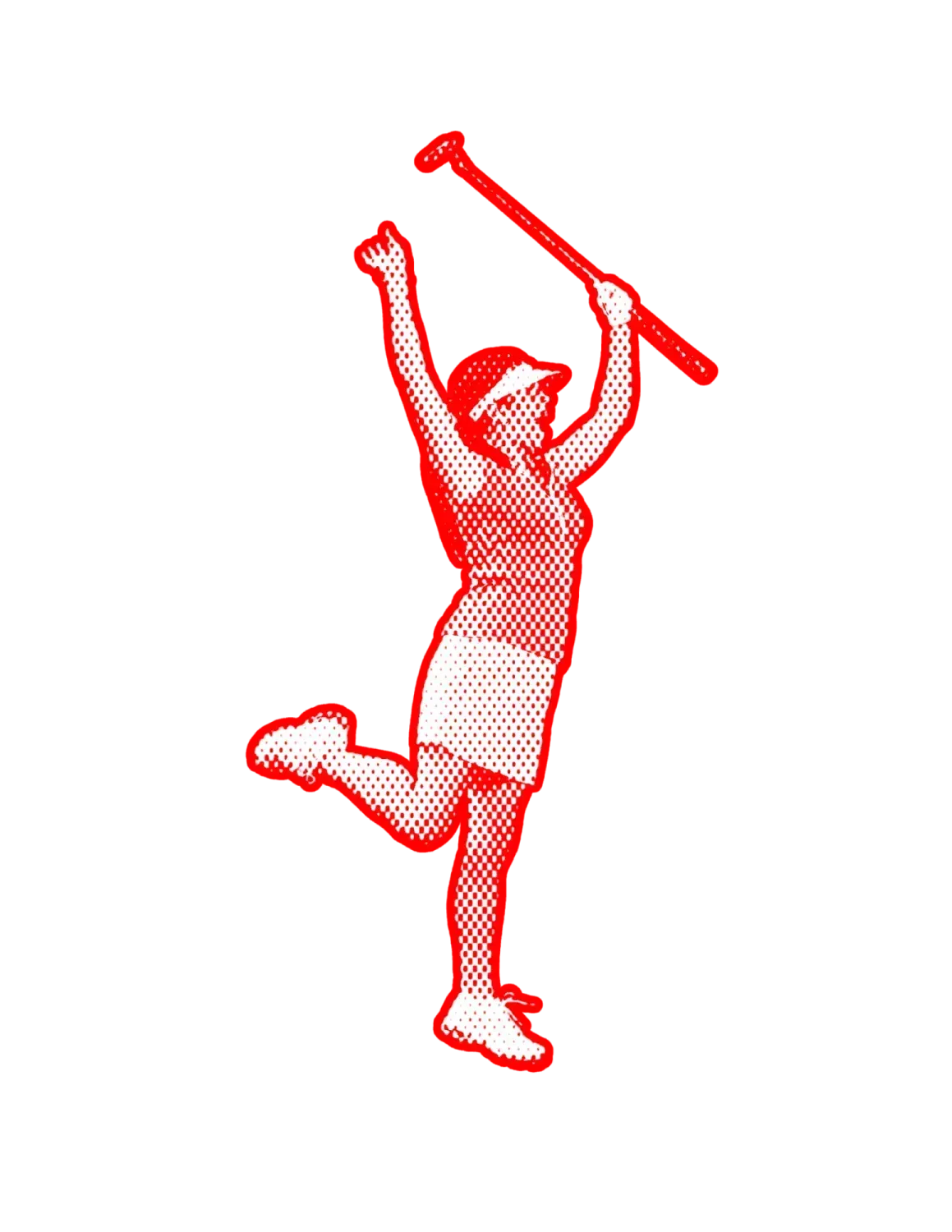 A red and white drawing of a woman holding a golf club.