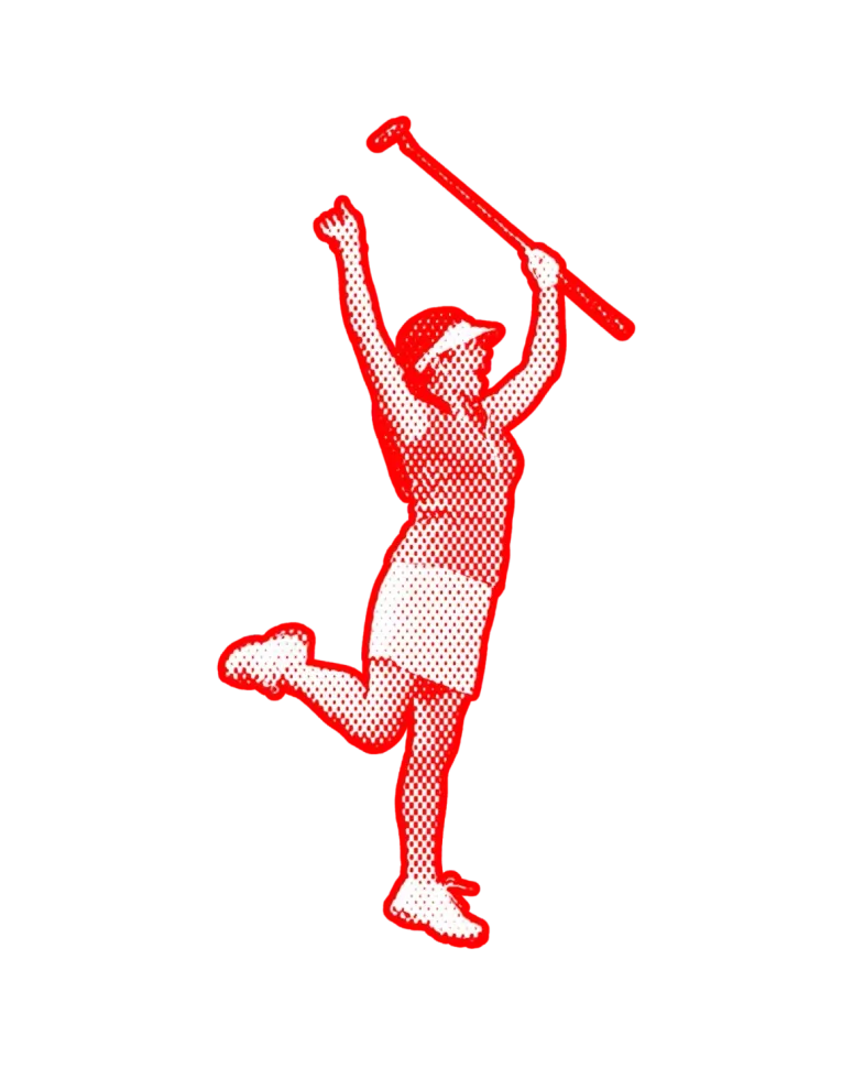 A red and white drawing of a woman holding a golf club.