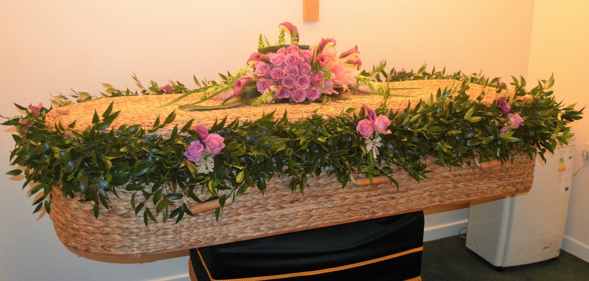 16. Full Soft Ruscus Garland with pink and lilac Rose posies with Raffia bows