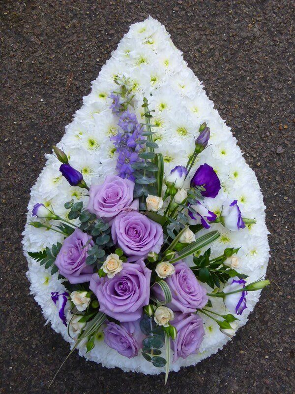 15. White Teardrop with posy of lilac Roses, cream spray Roses and purple Lisianthus