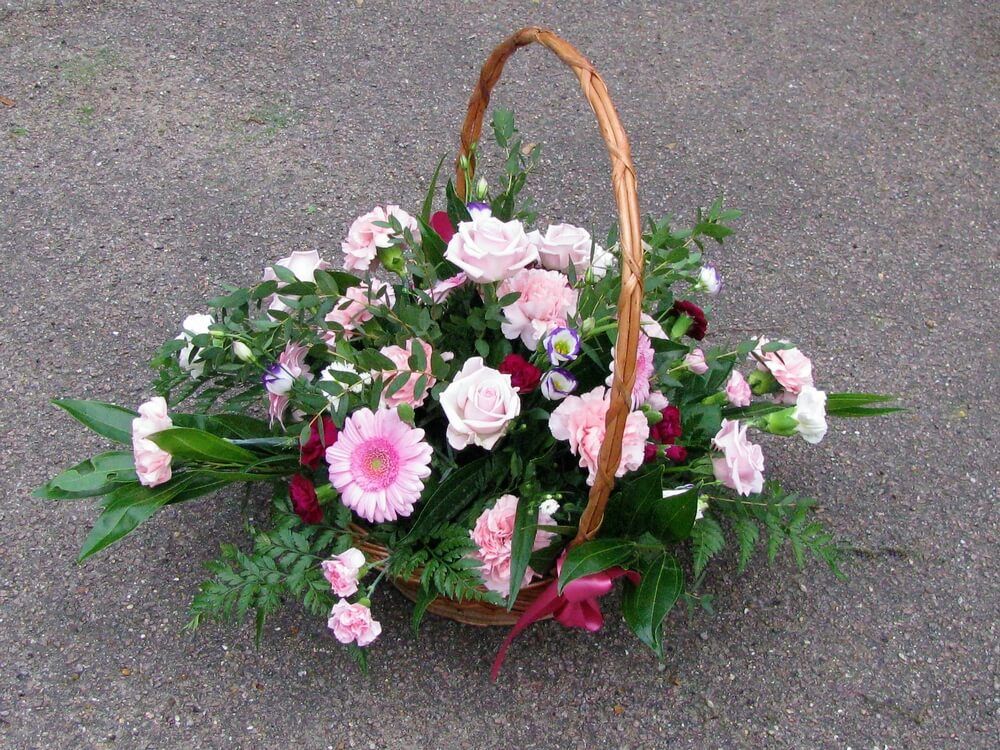 5.  Basket of pink Roses, Germini and Dianthus