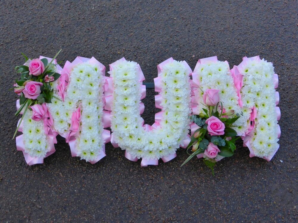 26. Beautiful pink and white MUM, white letters with pink Rose posies