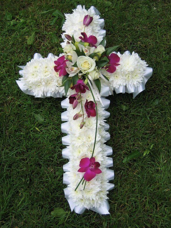 10. 2ft White Cross with white ribbon edge, posy of white and cerise Orchids