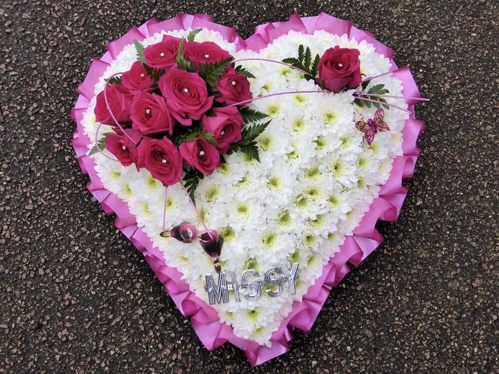 19. White Heart with cerise ribbon edge, aluminium letters, birds and butterfly, cerise Rose posy with Diamante centre