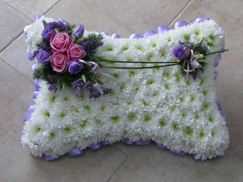 1. 18” White Pillow with lilac ribbon edge, posies of pink Roses and lilac flowers