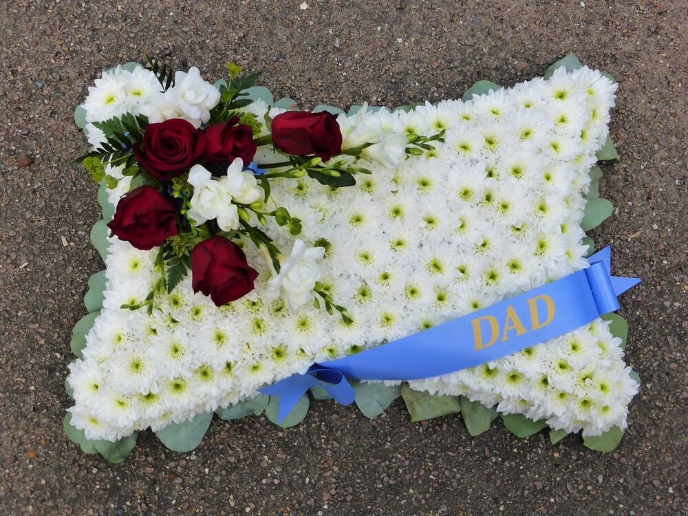 2. 18” White Pillow with Eucalyptus edge, ribbon sash, posy of black Roses and white Freesias