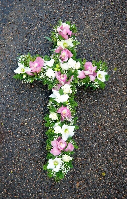 5.  3ft Cross with pink Orchids and white Hellebores